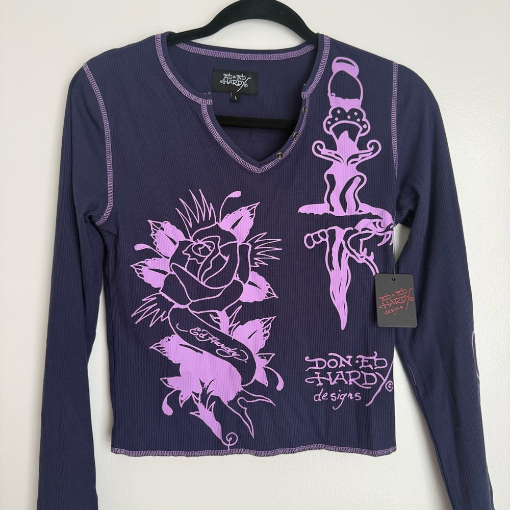 Ed Hardy women’s Purple Graphic Long Sleeve Shirt large